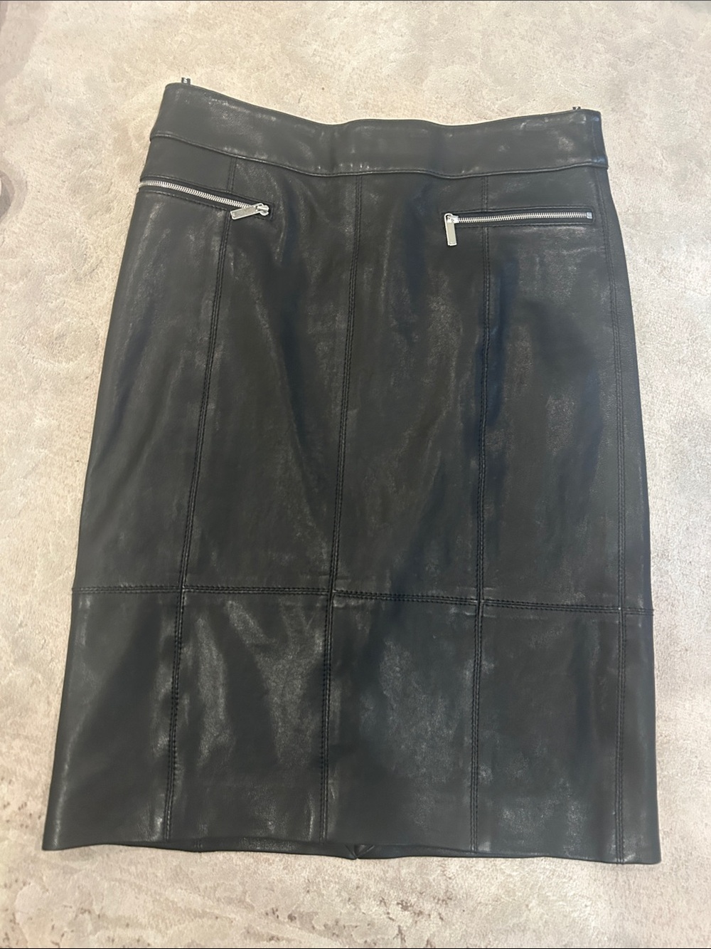 Karen Millen Black Leather Pencil Skirt with Silver Zip Accents